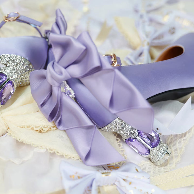 Jewel and Ribbon High Heeled Pumps - Purple × Silver[2025年6月中旬-7月中旬発送予定]