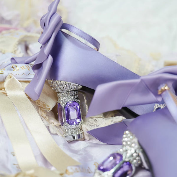 Jewel and Ribbon High Heeled Pumps - Purple × Silver[2025年6月中旬-7月中旬発送予定]