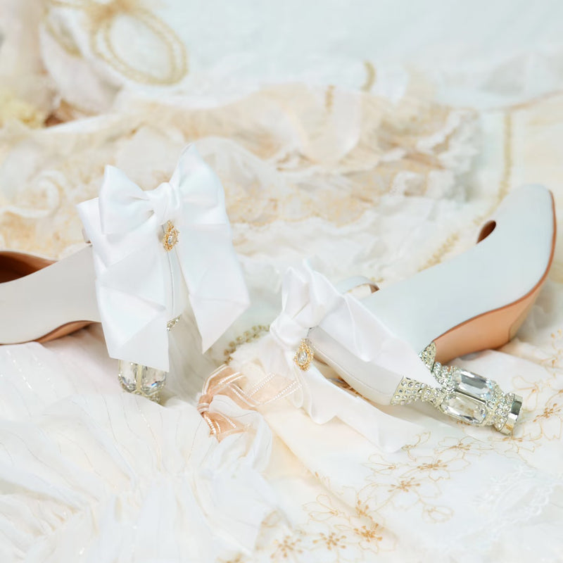 Jewel and Ribbon High Heeled Pumps - White × Gold[2025年6月中旬-7月中旬発送予定]