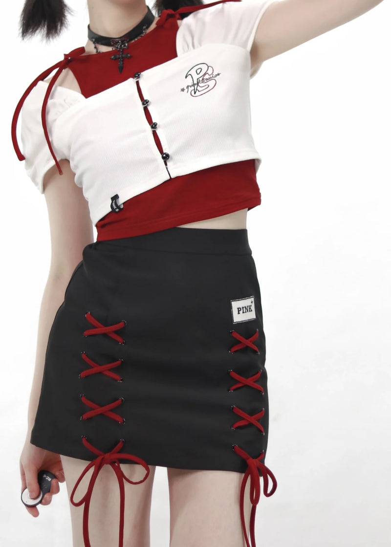 Red and White Short Top and Braided Short Skirt