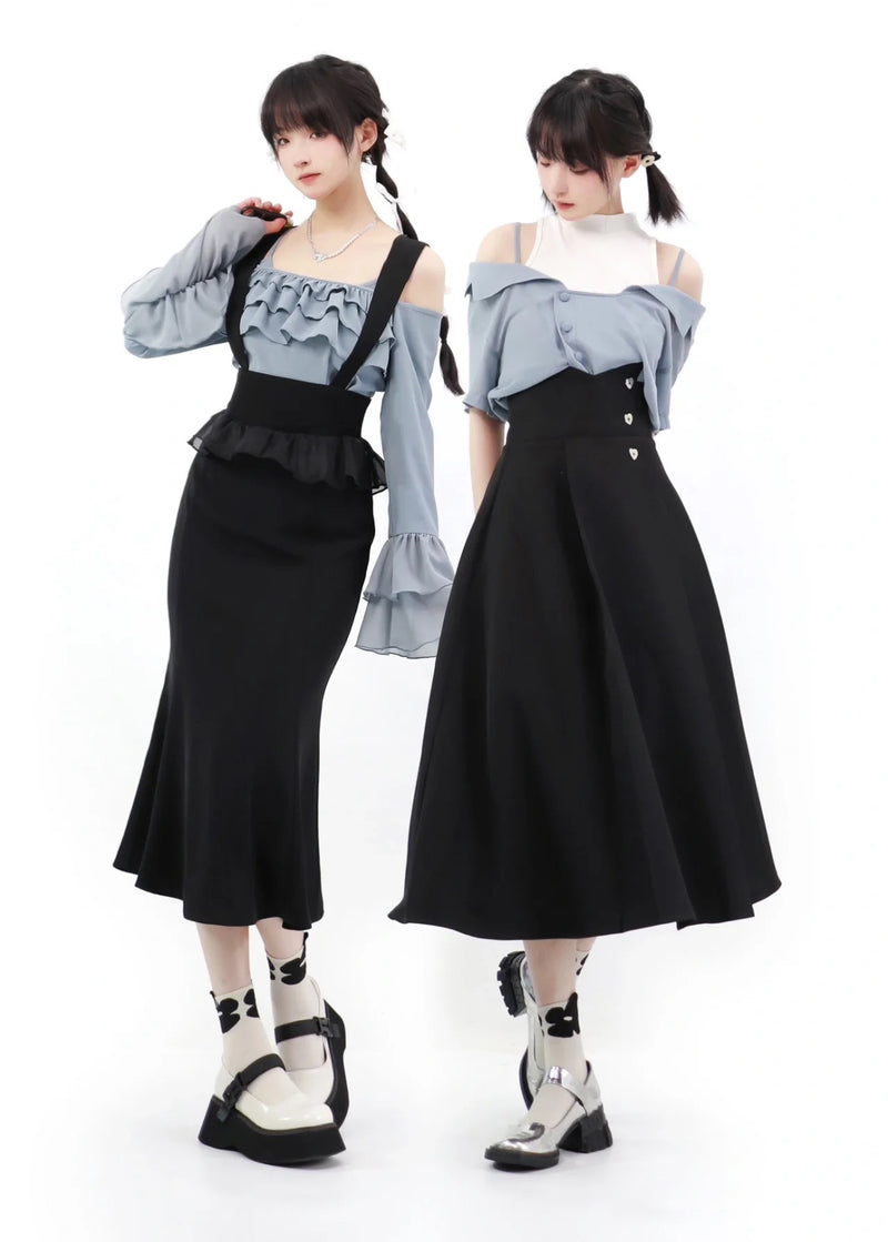 Black Jumper Skirt and Black High-Waisted Skirt and Misty Gray Tops