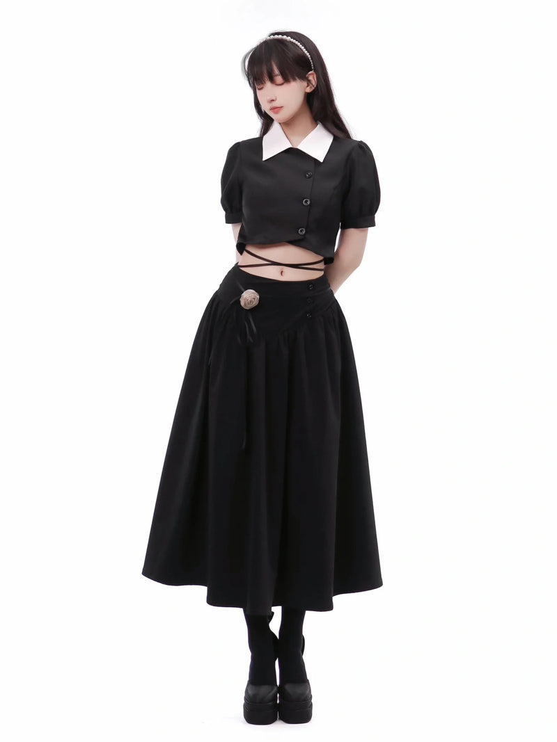 Pitch-black Short top and Laced Skirt