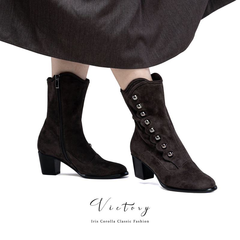 Victorian Round Toe Buttoned Short Boots - Dark Brown[2024年11月下旬-12月中旬発送予定]