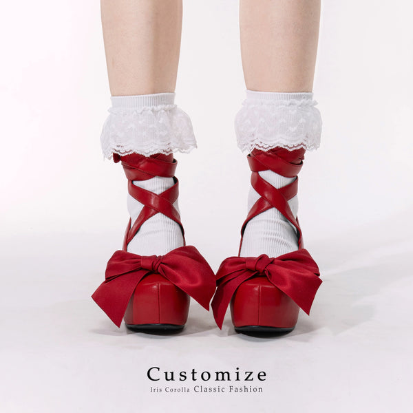 Ribbon Strap Platform Heel Pumps - Red[2025年10月下旬-11月中旬発送予定]
