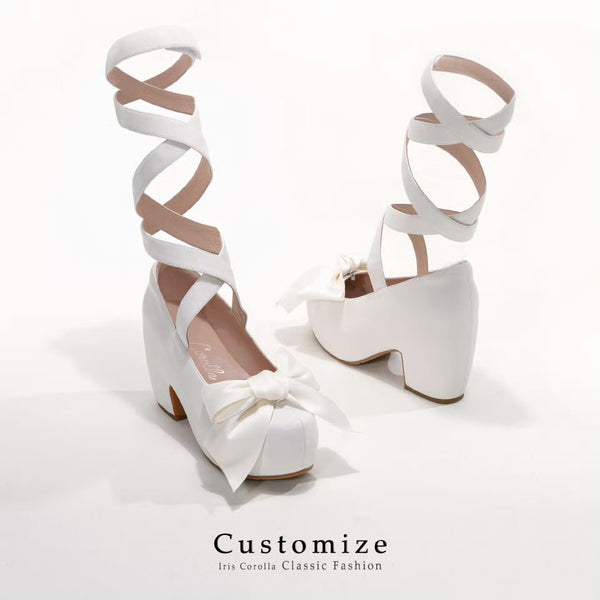 Ribbon Strap Platform Heel Pumps - White[2025年10月下旬-11月中旬発送予定]