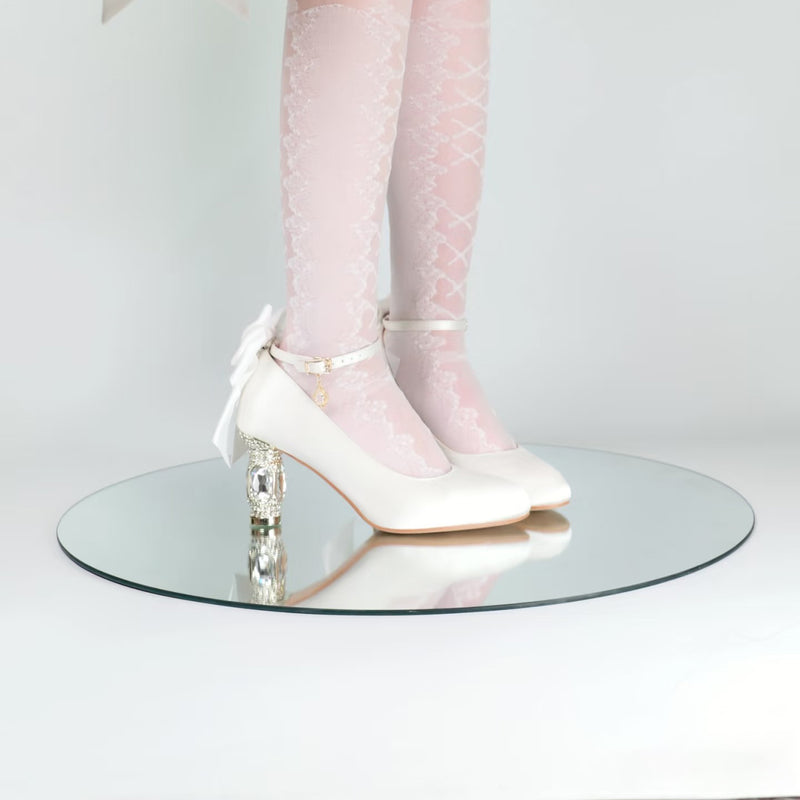 Jewel and Ribbon High Heeled Pumps - White × Gold[2025年6月中旬-7月中旬発送予定]