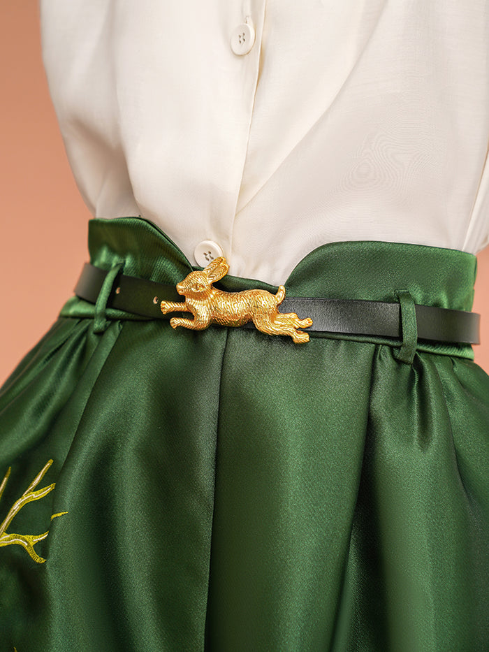Camoooni 野兎の刺繍ハーフパンツ 金兎の留め具のレザーベルト グリーン 野兎の刺繍ハーフパンツ – ManusMachina