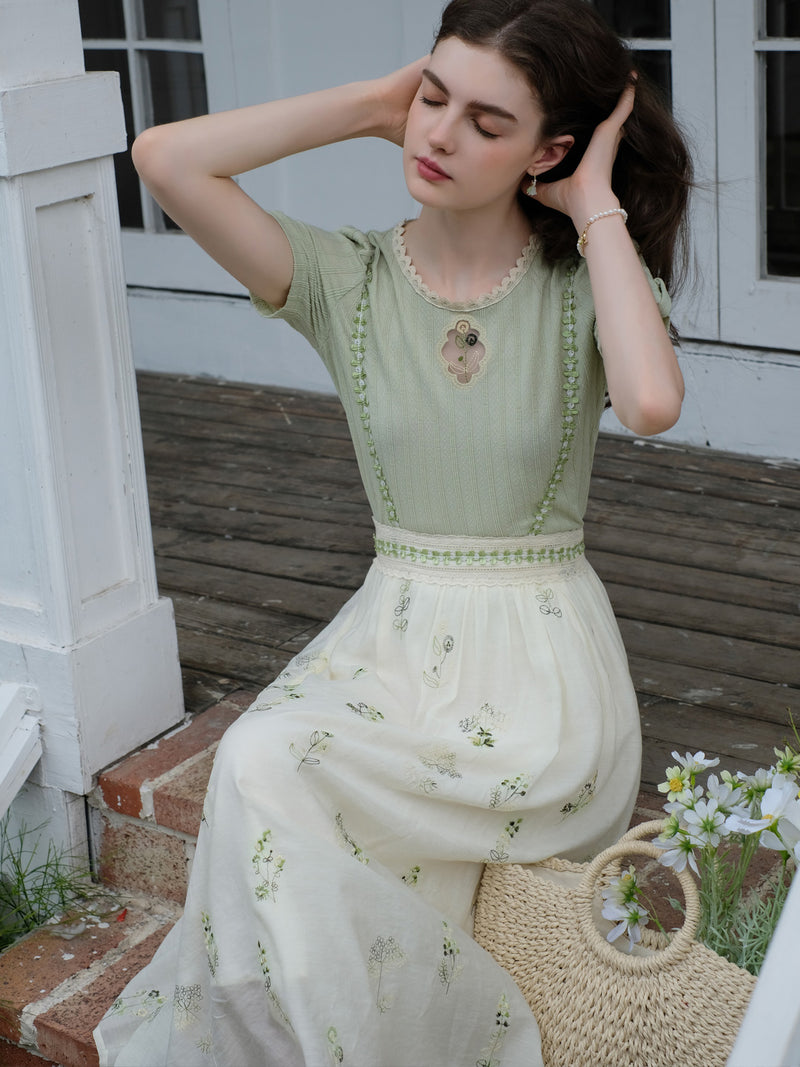 植物刺繍のハイウエストスカートと花刺繍スリムトップス – ManusMachina