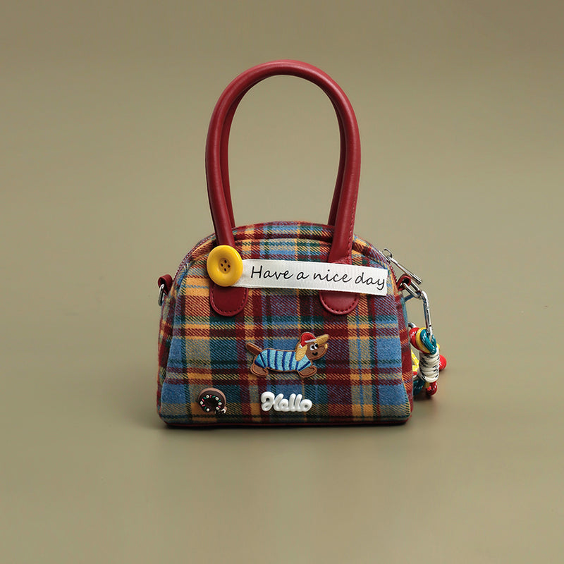 Dachshund Embroidered Checked Handbag