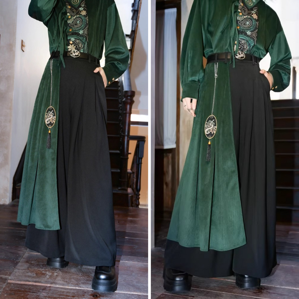 黒緑の蛇刺繍ドレープワイドパンツ