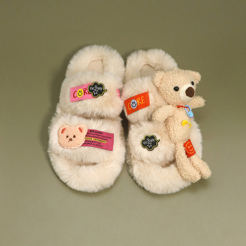 Plush and Applique Fur Slippers