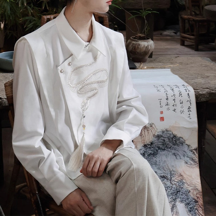 蛇骨の刺繍アシンメトリートップス - White