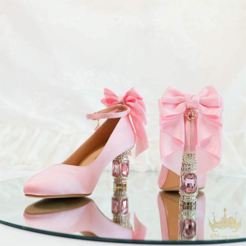 Jewel and Ribbon High Heeled Pumps - Pink × Gold[2025年6月中旬-7月中旬発送予定]