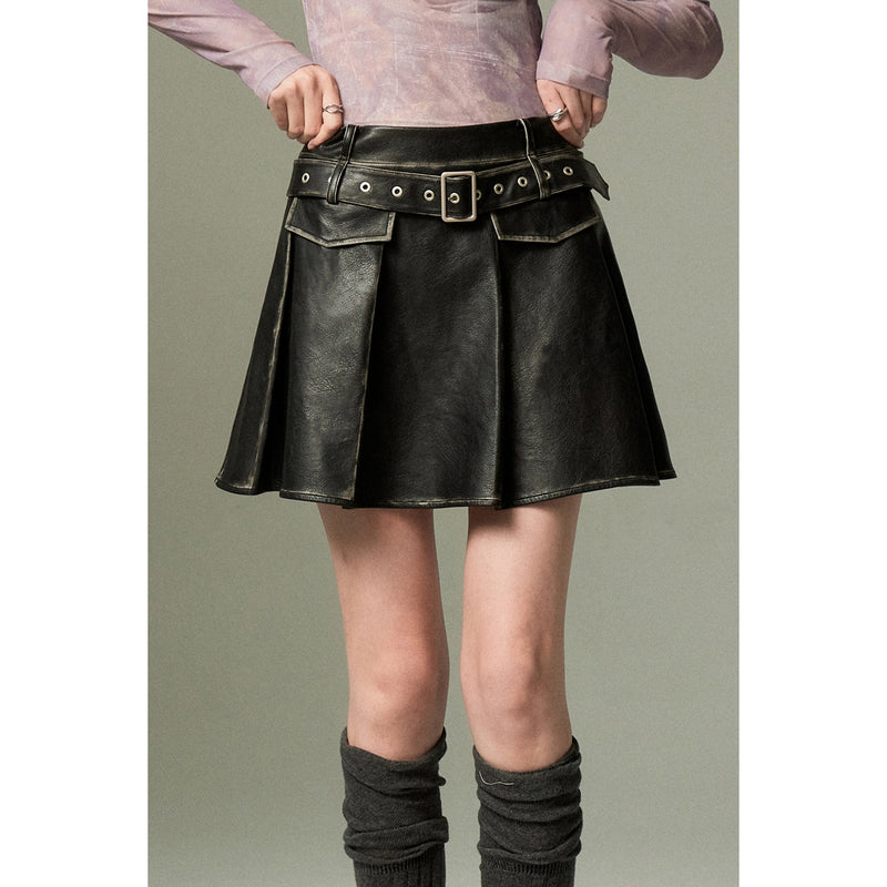 Retro Leather Belt Pleated Skirt