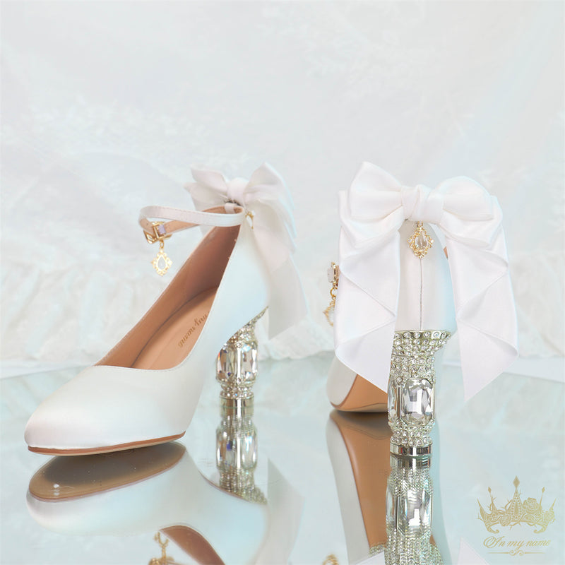 Jewel and Ribbon High Heeled Pumps - White × Gold[2025年6月中旬-7月中旬発送予定]