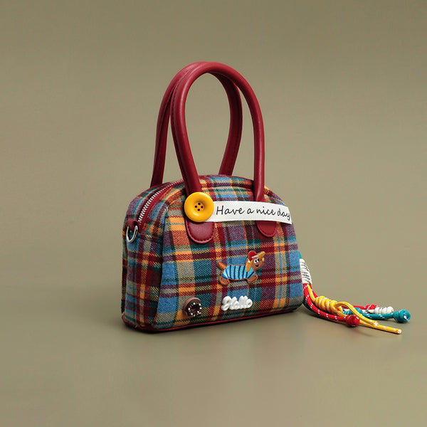 Dachshund Embroidered Checked Handbag