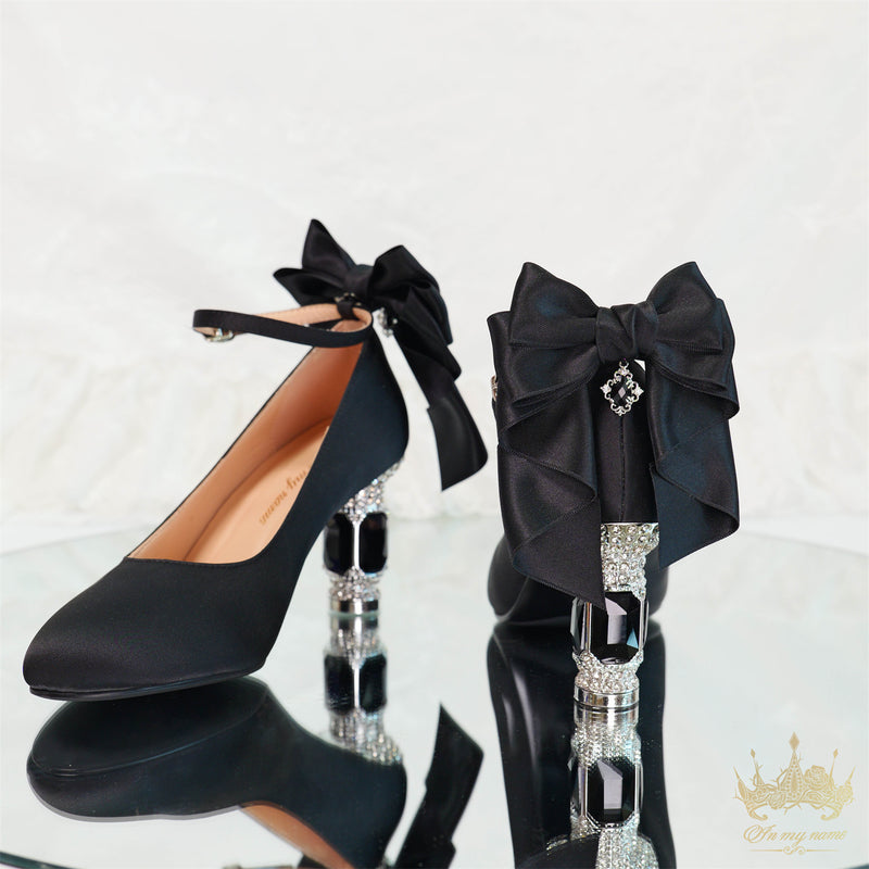 Jewel and Ribbon High Heeled Pumps - Black × Silver[2025年6月中旬-7月中旬発送予定]