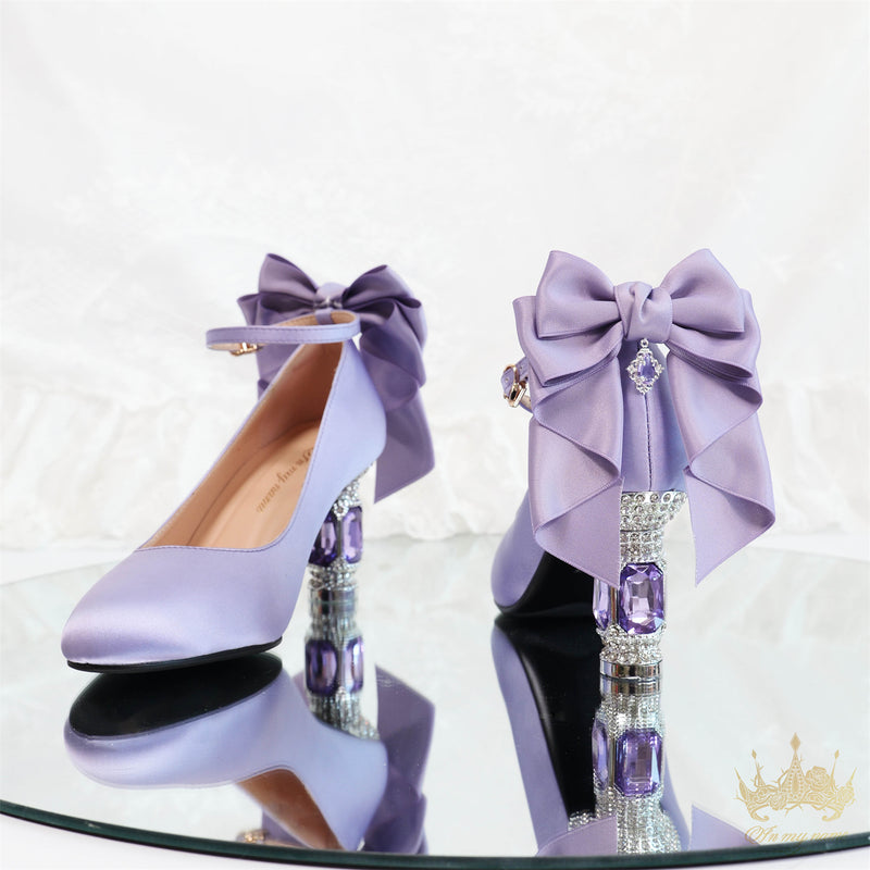 Jewel and Ribbon High Heeled Pumps - Purple × Silver[2025年6月中旬-7月中旬発送予定]