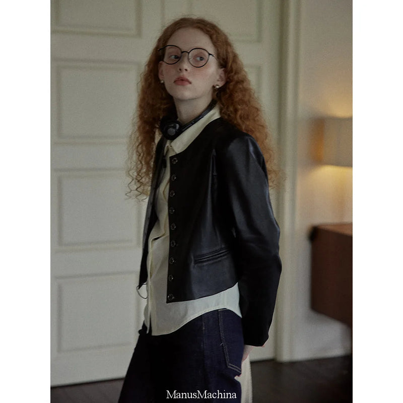 Collarless clearance leather jacket