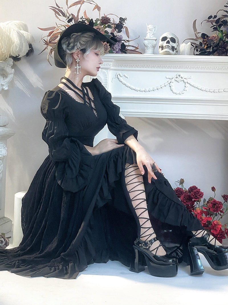 Navy blue lady's lace-up jumper skirt, high neck blouse and petticoat [Scheduled to be shipped in late March 2023]