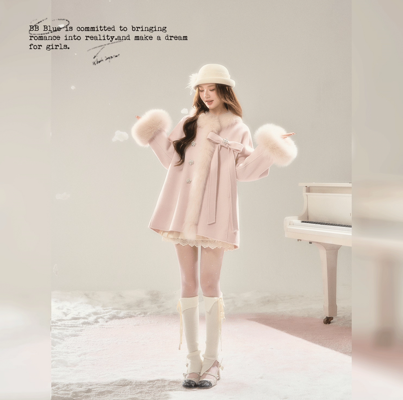 Romantic Ribbon Fur Wool Coat