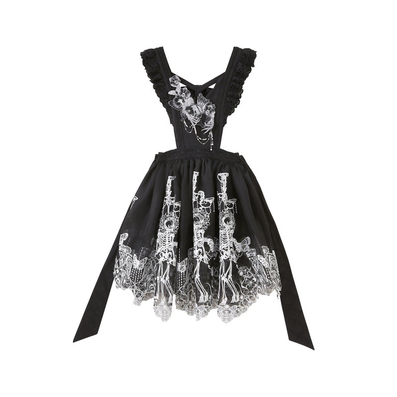 骸骨と花鳥図トップスと刺繍エプロンとプリーツスカート