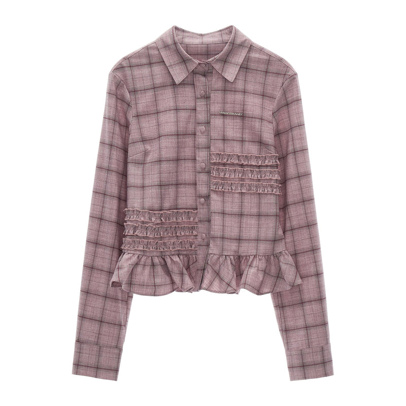 Gray-pink Checkered Ruffle Blouse