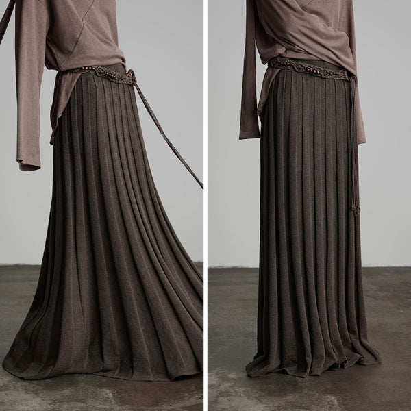 Brown Long Pleated Knit Skirt