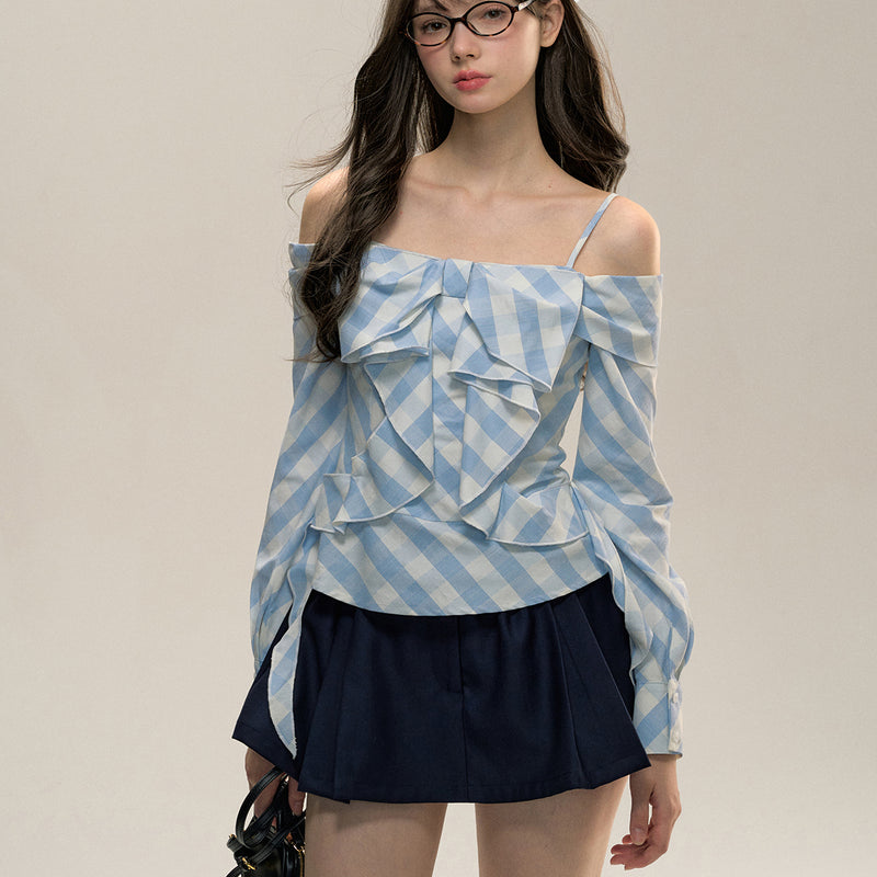 Light Blue Gingham Check Patterned Ribbon Top