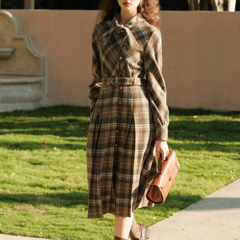 Brown Plaid Wool Coat Dress