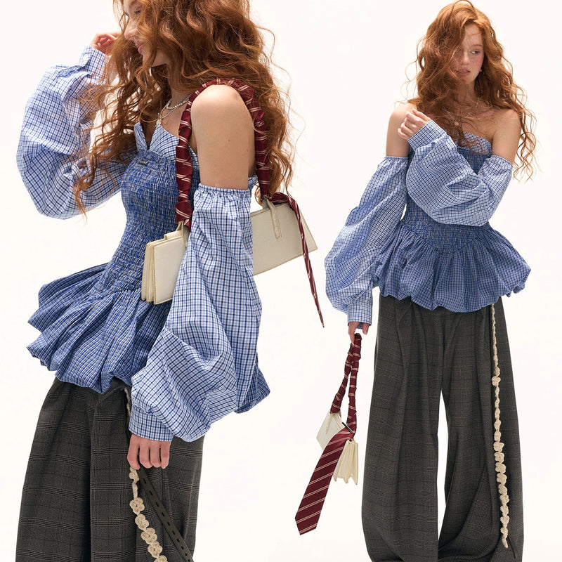 Blue Checkered Shirred Docking Top