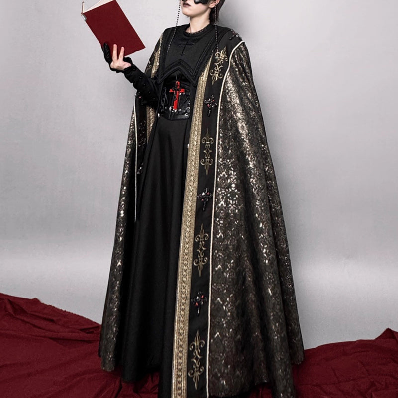 月夜の修道女の刺繍ロングマント - Black Gold[2025年12月上旬-2026年1月上旬発送予定]