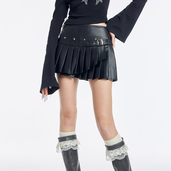 Black Leather Pleated Short Skirt