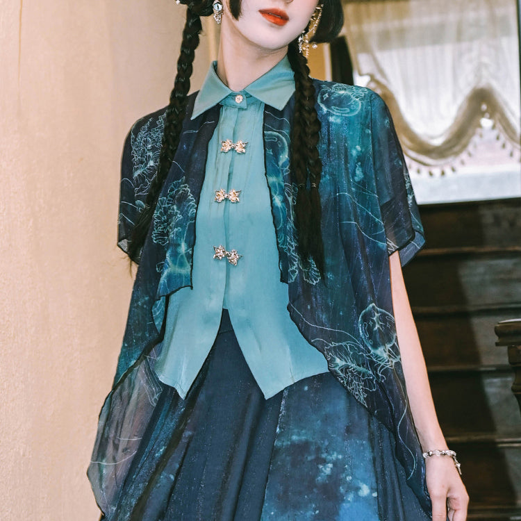 深藍の海月のシフォンブラウス