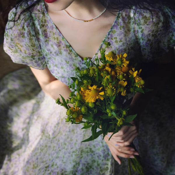 藍紫の花群集フレンチレトロワンピース