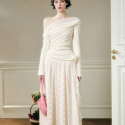 Rose Patterned Lace Top and Long Skirt - Ivory