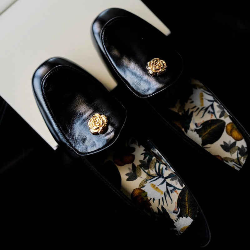 Camellia Leather Loafer Shoes - Black