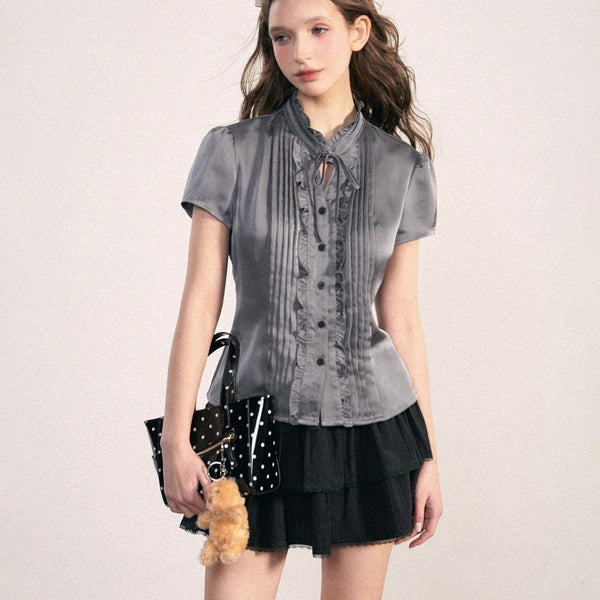 Gray Frill Pleated Blouse