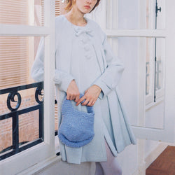 Frosty Blue Wool Pleated Coat with Ribbon