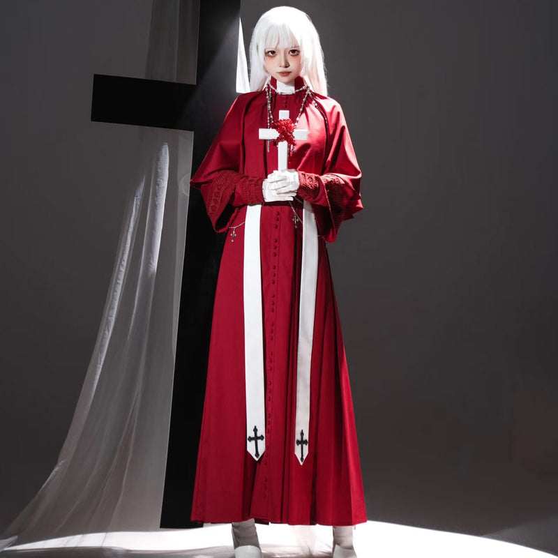神父の十字架ゴシックロングワンピースとショールとストラ - Red[2025年12月上旬-12月下旬発送予定]