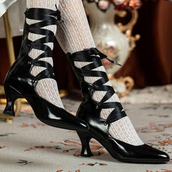 Black Lace Up Pointed Toe Heeled Pumps