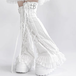 White Frill Lace-up Leg Warmers