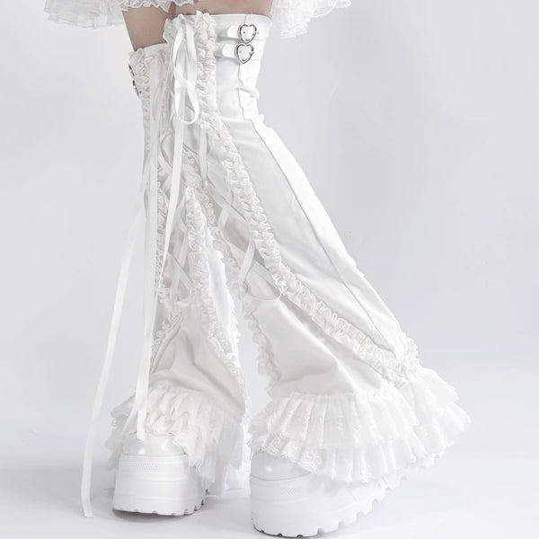 White Frill Lace-up Leg Warmers