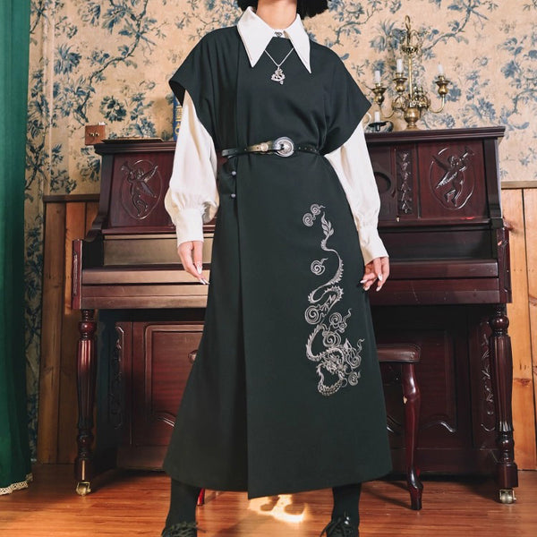漆黒の龍の刺繍ロングジレワンピース