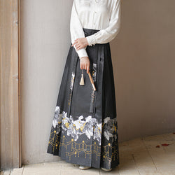 漆黒の水墨画ロングプリーツスカート