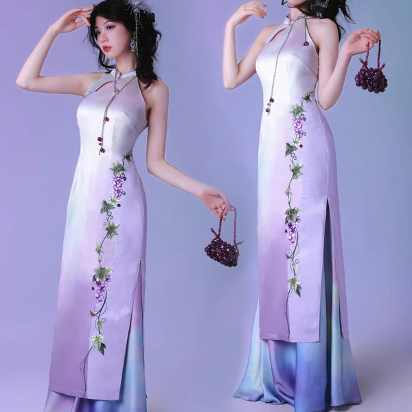 紫葡萄の刺繍チャイナワンピース