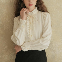 Classical Ruffled Striped Silk Blouse