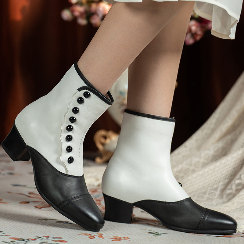 Victorian Round Toe Buttoned Short Boots - Black White