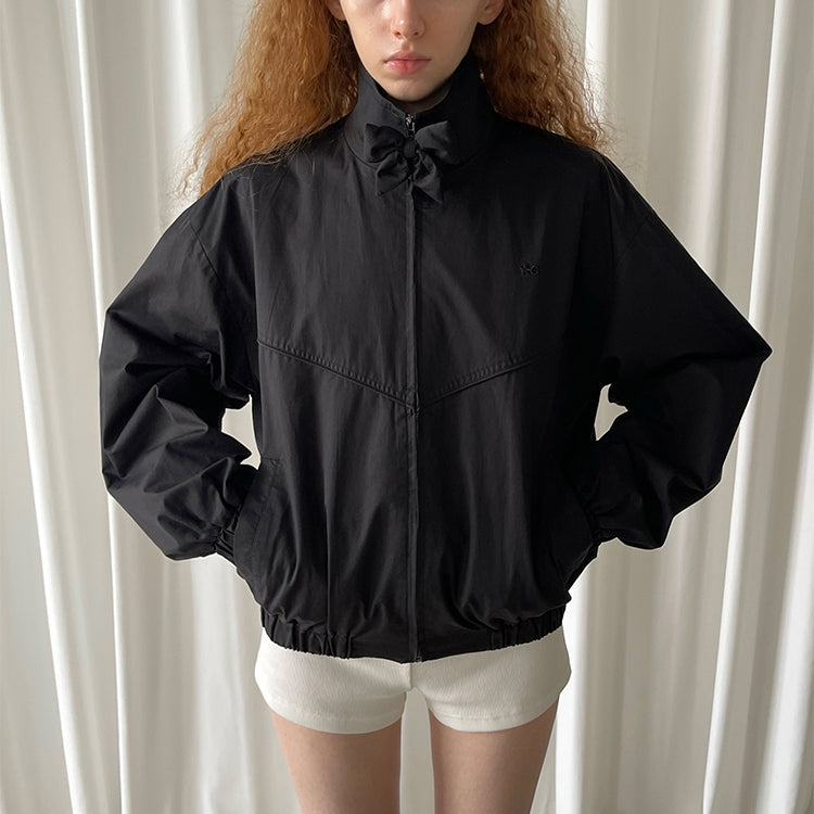 Black Washed Cotton Bow Zip Jacket