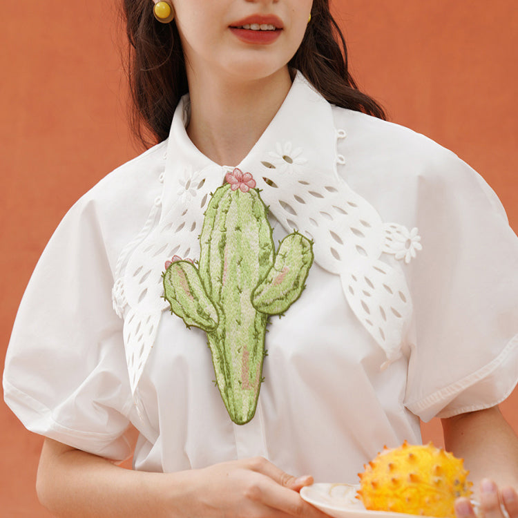 サボテンと花の刺繍ネクタイ - Light Green